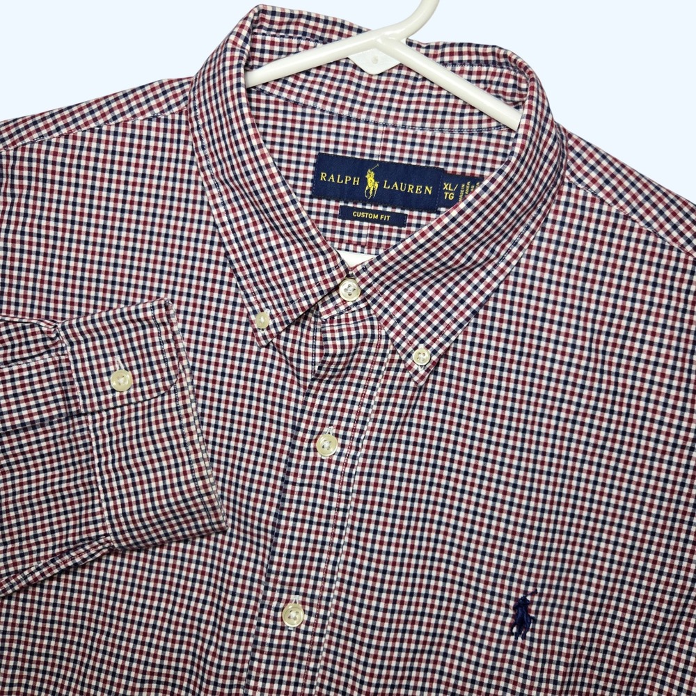 Ralph Lauren Custom Fit Gingham Button Down Shirt Mens XL Red Blue White Cotton